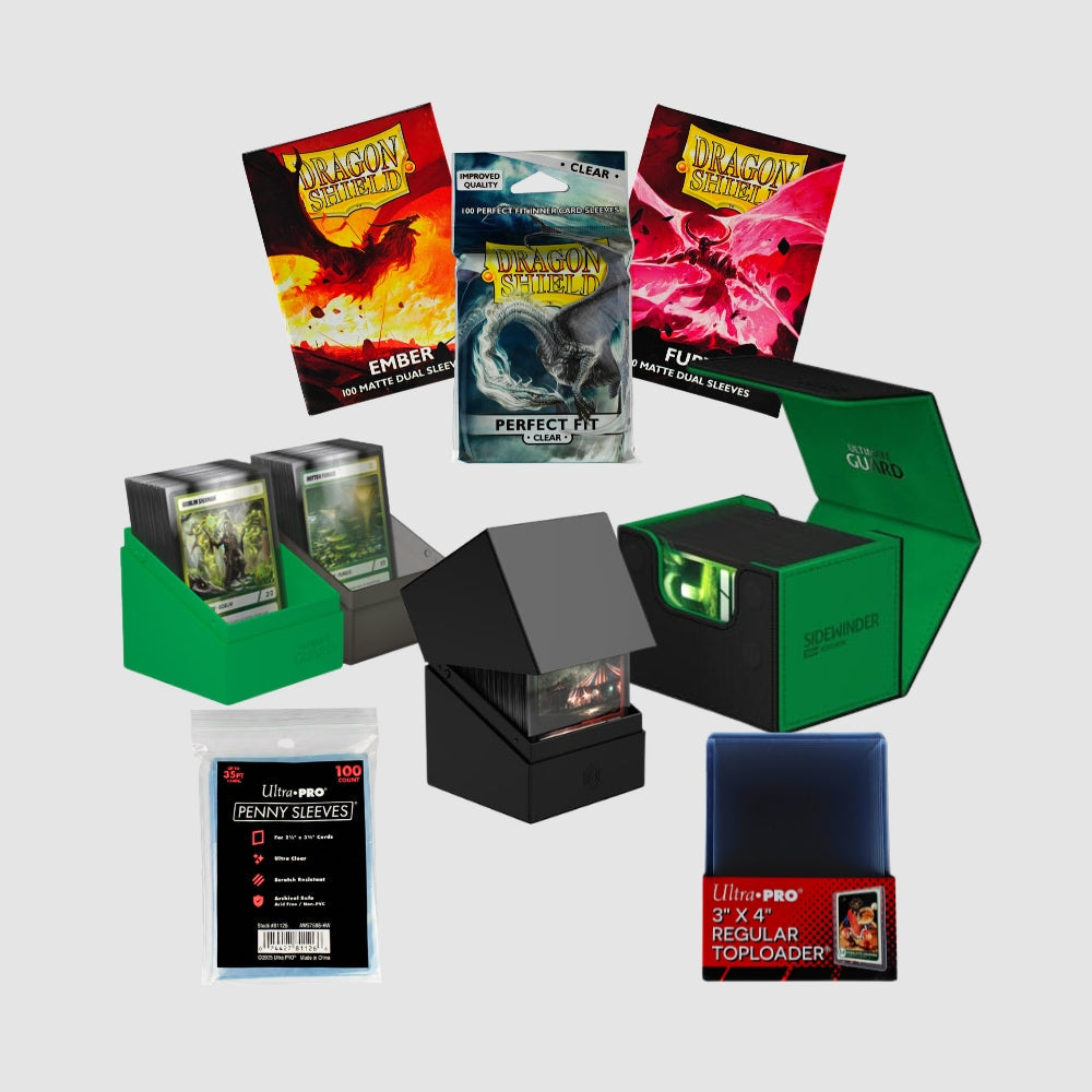 Sammelkarten Zubehör Set mit Dragon Shield Hüllen, Ultimate Guard Deck Boxen und Ultra Pro Toploadern