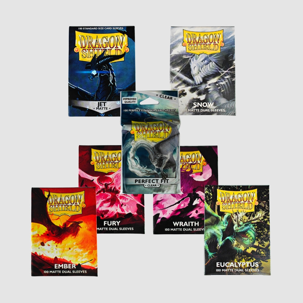 Dragon Shield Sammelkartenhüllen Sortiment mit verschiedenen Matte und Dual Sleeves Packungen in einer Übersicht