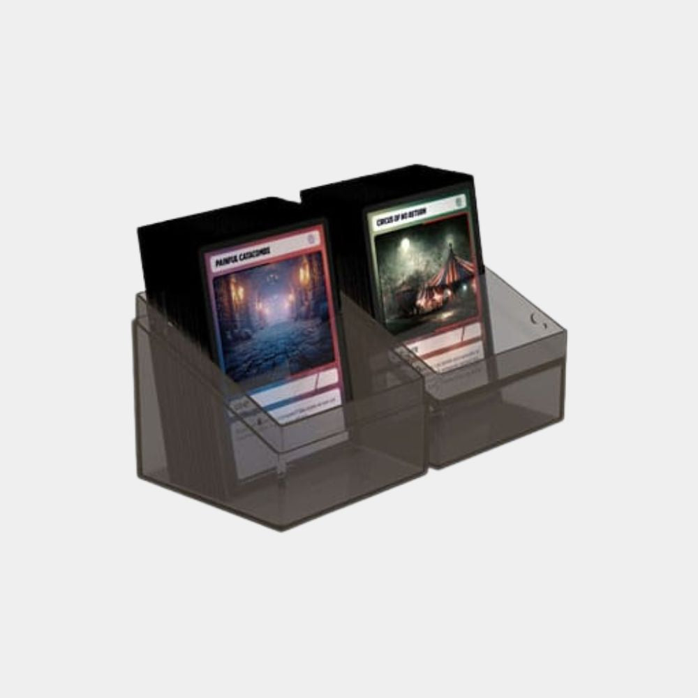 Transparente Ultimate Guard Boulder 100+ Clear Deck Box in Rauchgrau (Onyx), zweiteilige Ansicht