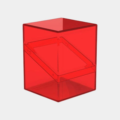 Ultimate Guard Boulder 100+ Clear Ruby Deck Box in der geschlossenen Frontalansicht mit durchscheinenden Sammelkarten.