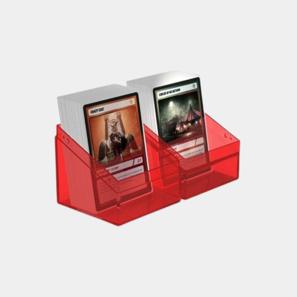 Transparente Ultimate Guard Boulder 100+ Clear Deck Box in Rubinrot (Ruby), zweiteilige Ansicht