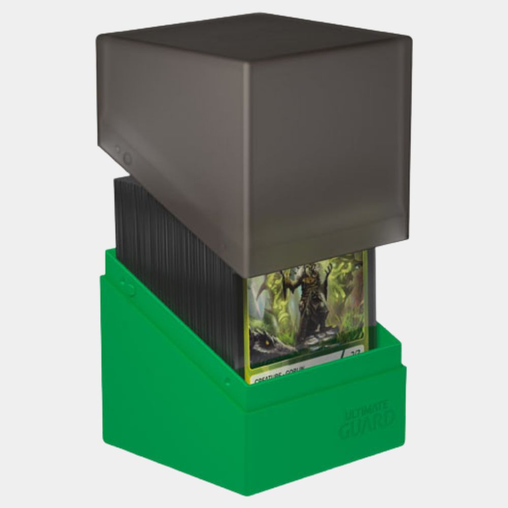 Zweifarbige Ultimate Guard Boulder 100+ Synergy Deck Box (Black/Green) offene Ansicht