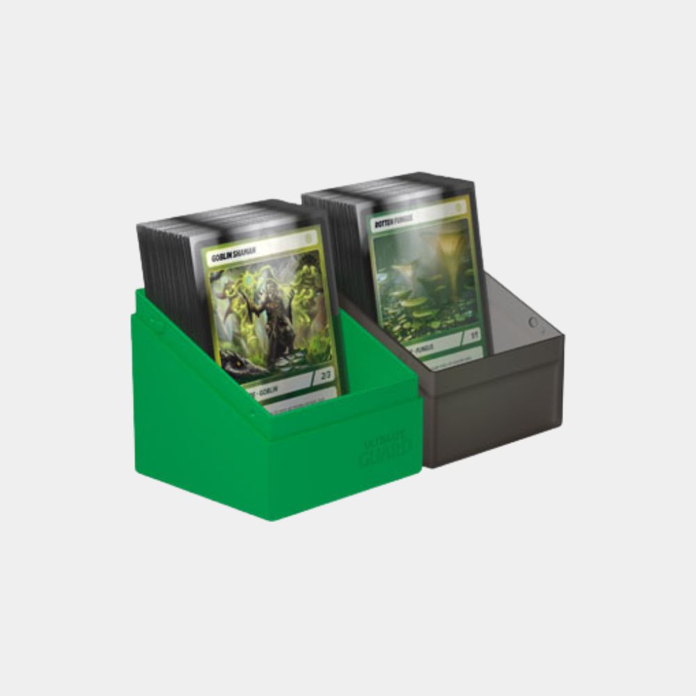 Ultimate Guard Boulder 100+ Synergy Deck Box in der Farbkombination Schwarz und Grün, zweiteilige Ansicht