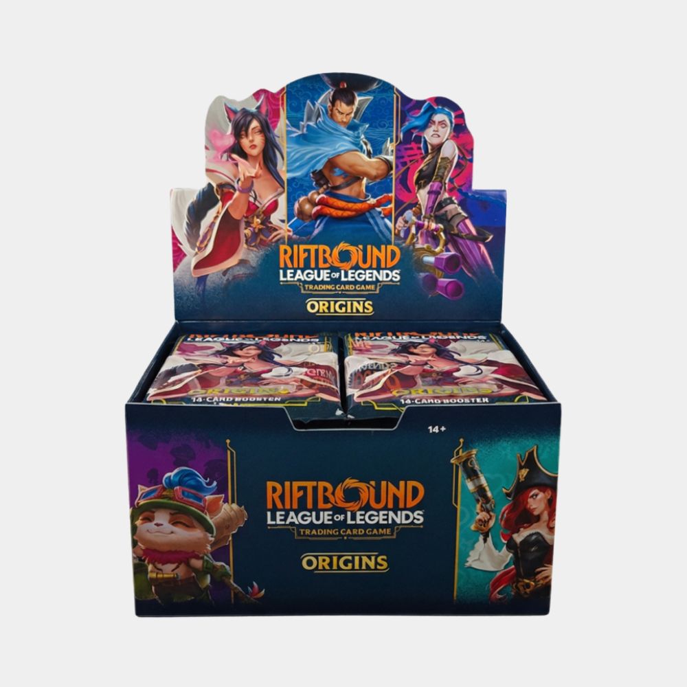 Riftbound TCG Origins Booster Display mit League of Legends Motiven von Yasuo, Jinx, Ahri, Teemo und Miss Fortune.