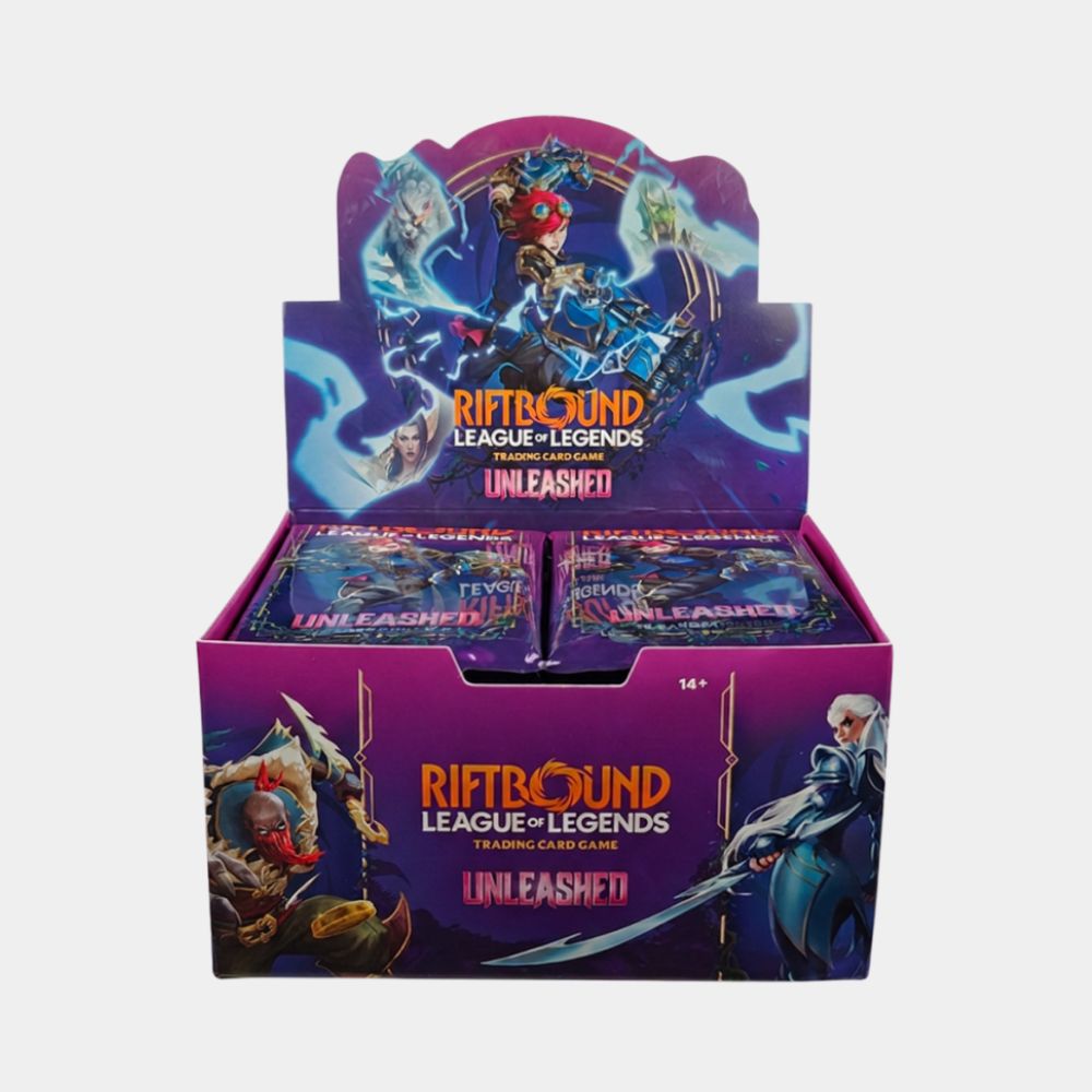 Riftbound TCG Unleashed Booster Display (Set 3) in englischer Sprachversion mit League of Legends Champions Volibear, Diana, Pyke und Ashe.