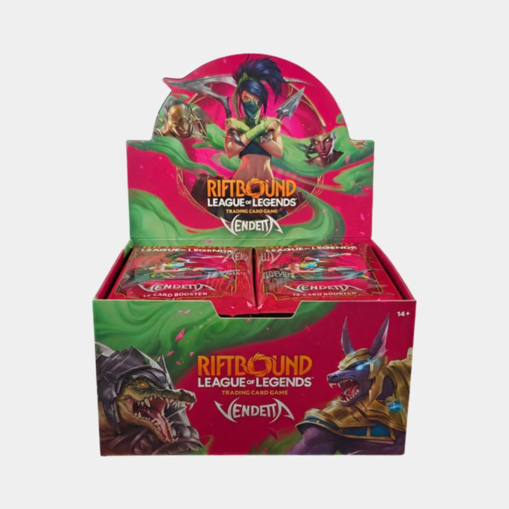 Riftbound TCG Vendetta Booster Display (Set 4) in englischer Sprachversion mit League of Legends Champions Zed, Akali, Ambessa, Renekton und Nasus.